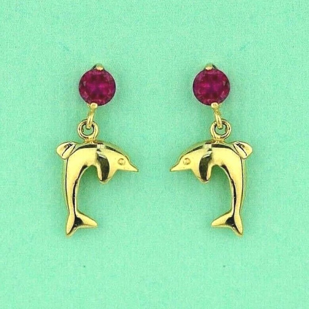 14k Solid Gold Dolphin Screw Back Stud Earring Wi… - image 4